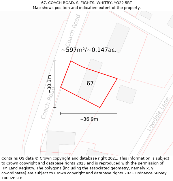 67, COACH ROAD, SLEIGHTS, WHITBY, YO22 5BT: Plot and title map