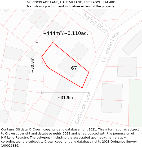 67, COCKLADE LANE, HALE VILLAGE, LIVERPOOL, L24 4BD: Plot and title map