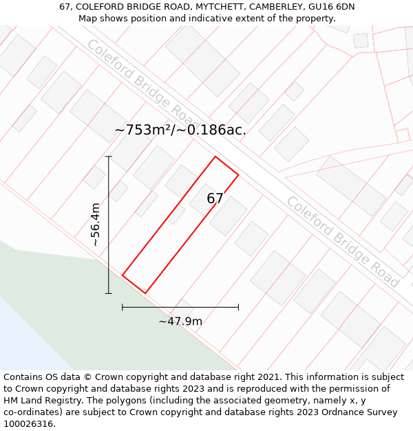 67, COLEFORD BRIDGE ROAD, MYTCHETT, CAMBERLEY, GU16 6DN: Plot and title map