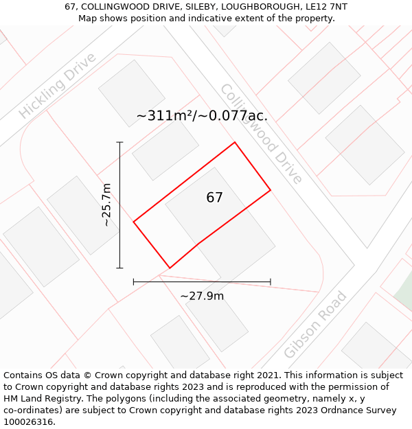 67, COLLINGWOOD DRIVE, SILEBY, LOUGHBOROUGH, LE12 7NT: Plot and title map