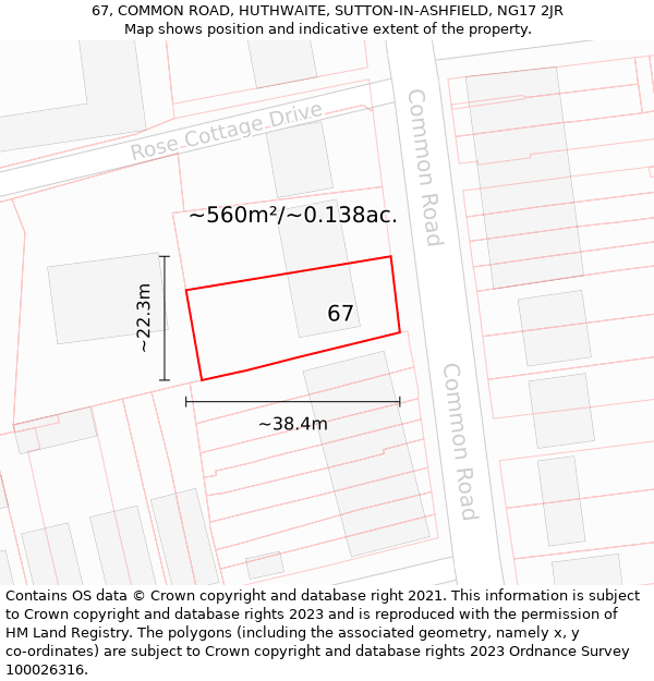 67, COMMON ROAD, HUTHWAITE, SUTTON-IN-ASHFIELD, NG17 2JR: Plot and title map