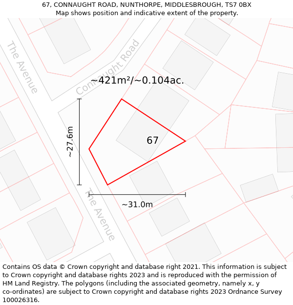 67, CONNAUGHT ROAD, NUNTHORPE, MIDDLESBROUGH, TS7 0BX: Plot and title map