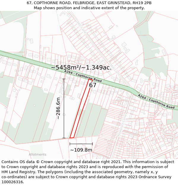 67, COPTHORNE ROAD, FELBRIDGE, EAST GRINSTEAD, RH19 2PB: Plot and title map