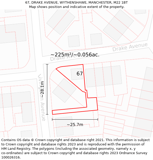 67, DRAKE AVENUE, WYTHENSHAWE, MANCHESTER, M22 1BT: Plot and title map