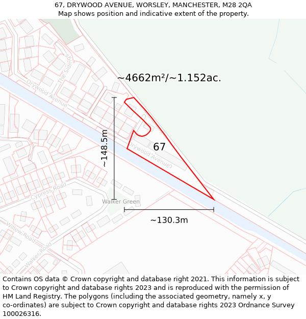 67, DRYWOOD AVENUE, WORSLEY, MANCHESTER, M28 2QA: Plot and title map