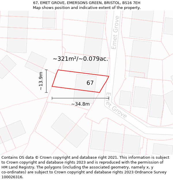 67, EMET GROVE, EMERSONS GREEN, BRISTOL, BS16 7EH: Plot and title map