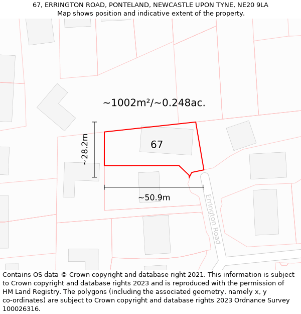 67, ERRINGTON ROAD, PONTELAND, NEWCASTLE UPON TYNE, NE20 9LA: Plot and title map