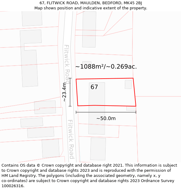 67, FLITWICK ROAD, MAULDEN, BEDFORD, MK45 2BJ: Plot and title map