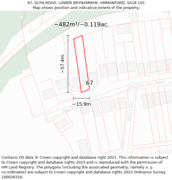 67, GLYN ROAD, LOWER BRYNAMMAN, AMMANFORD, SA18 1SS: Plot and title map