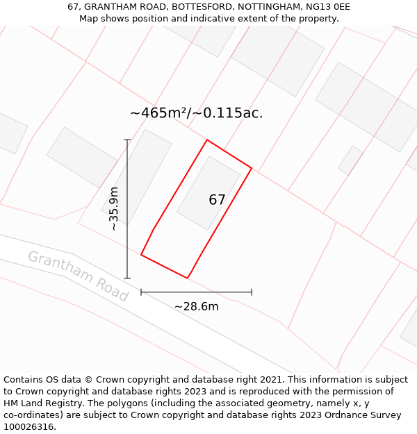 67, GRANTHAM ROAD, BOTTESFORD, NOTTINGHAM, NG13 0EE: Plot and title map