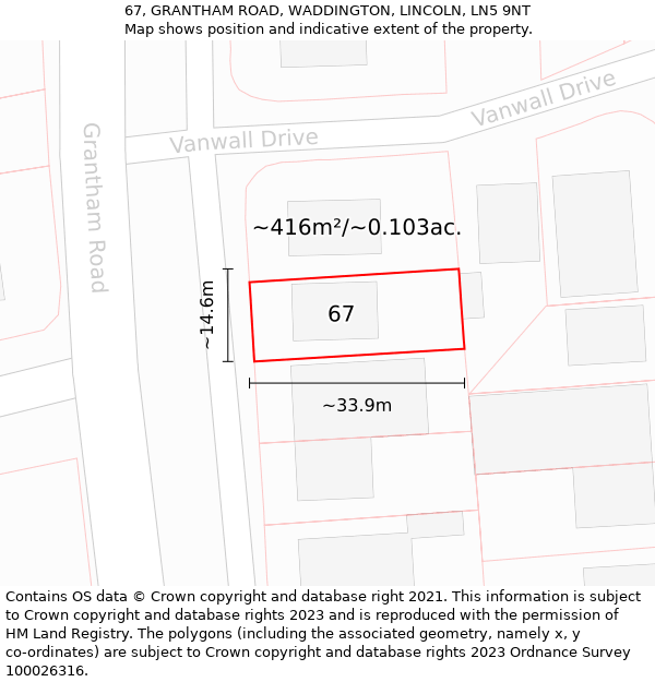 67, GRANTHAM ROAD, WADDINGTON, LINCOLN, LN5 9NT: Plot and title map