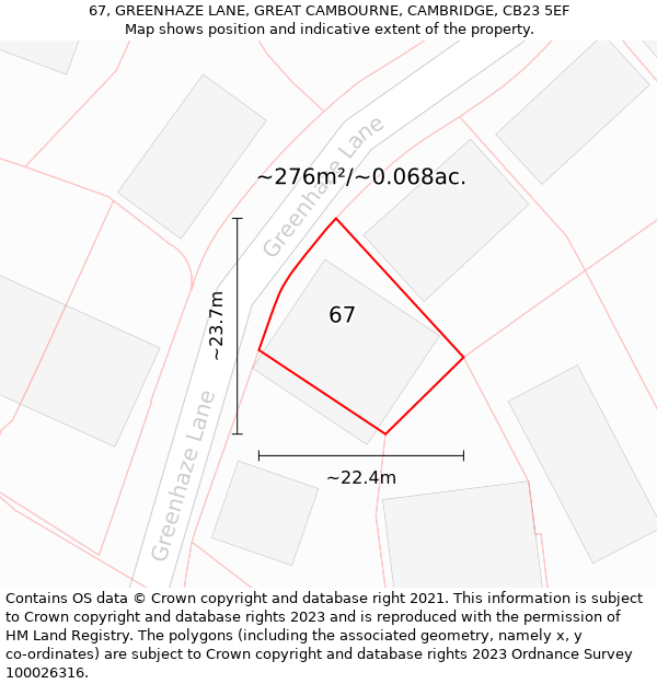 67, GREENHAZE LANE, GREAT CAMBOURNE, CAMBRIDGE, CB23 5EF: Plot and title map