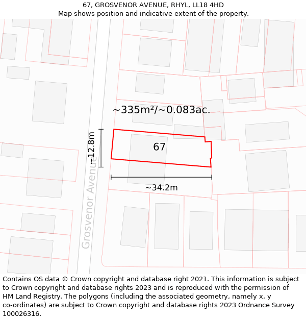 67, GROSVENOR AVENUE, RHYL, LL18 4HD: Plot and title map