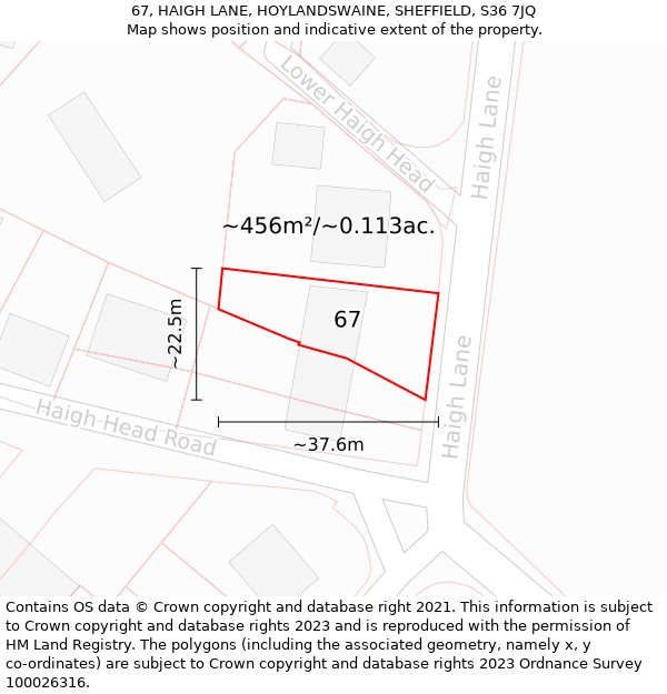 67, HAIGH LANE, HOYLANDSWAINE, SHEFFIELD, S36 7JQ: Plot and title map