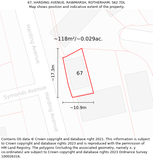 67, HARDING AVENUE, RAWMARSH, ROTHERHAM, S62 7DL: Plot and title map