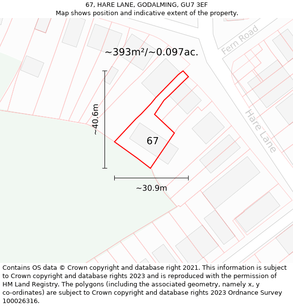 67, HARE LANE, GODALMING, GU7 3EF: Plot and title map