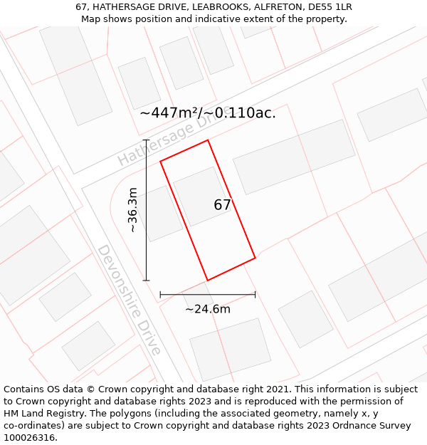 67, HATHERSAGE DRIVE, LEABROOKS, ALFRETON, DE55 1LR: Plot and title map