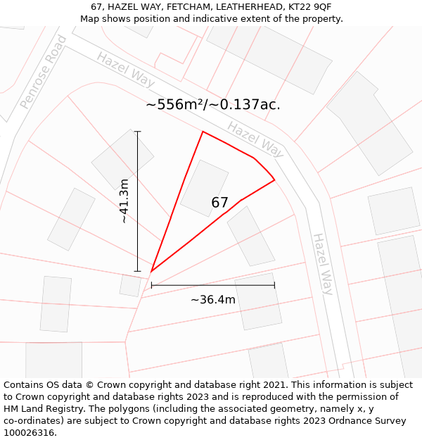 67, HAZEL WAY, FETCHAM, LEATHERHEAD, KT22 9QF: Plot and title map