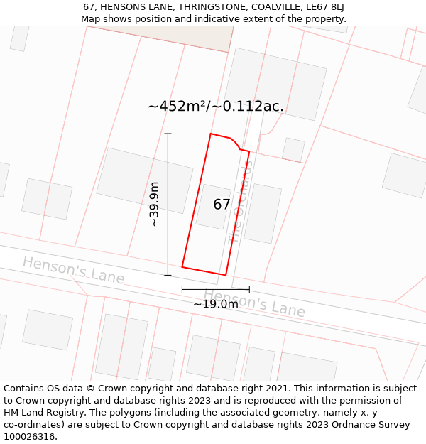 67, HENSONS LANE, THRINGSTONE, COALVILLE, LE67 8LJ: Plot and title map