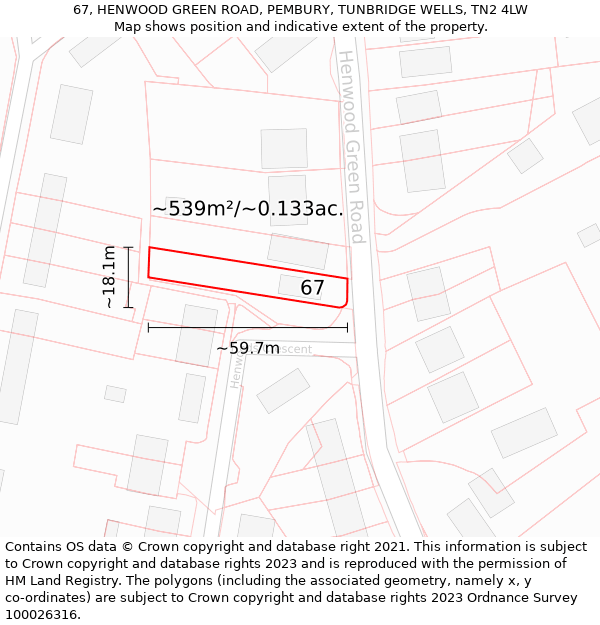 67, HENWOOD GREEN ROAD, PEMBURY, TUNBRIDGE WELLS, TN2 4LW: Plot and title map