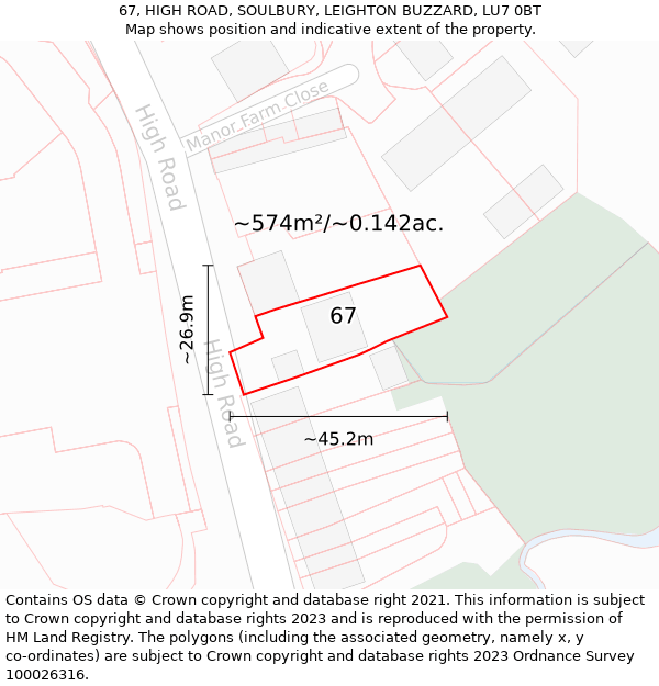 67, HIGH ROAD, SOULBURY, LEIGHTON BUZZARD, LU7 0BT: Plot and title map