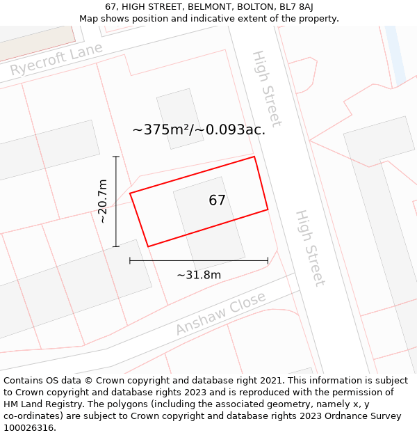 67, HIGH STREET, BELMONT, BOLTON, BL7 8AJ: Plot and title map