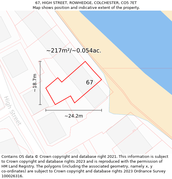 67, HIGH STREET, ROWHEDGE, COLCHESTER, CO5 7ET: Plot and title map