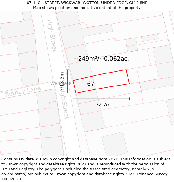 67, HIGH STREET, WICKWAR, WOTTON-UNDER-EDGE, GL12 8NP: Plot and title map
