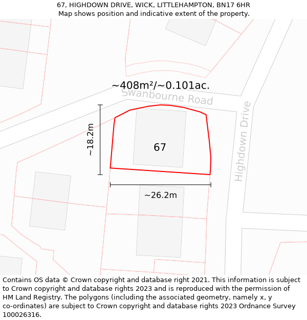 67, HIGHDOWN DRIVE, WICK, LITTLEHAMPTON, BN17 6HR: Plot and title map