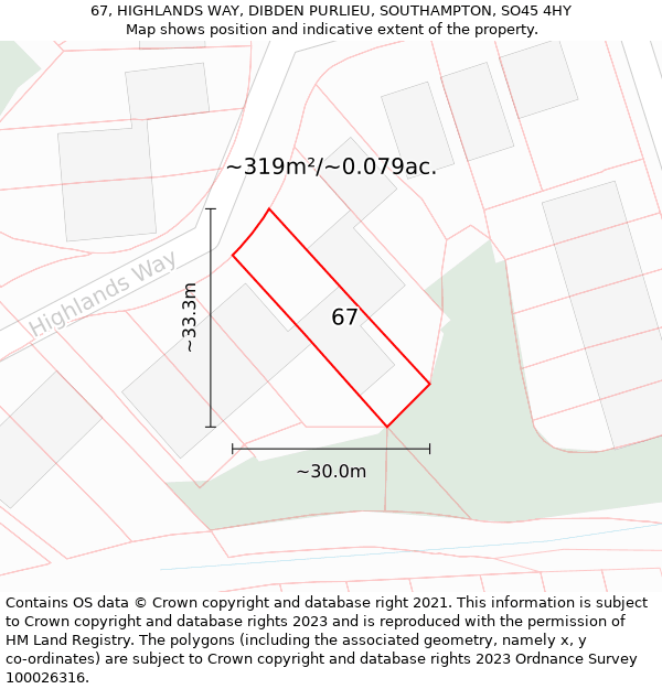 67, HIGHLANDS WAY, DIBDEN PURLIEU, SOUTHAMPTON, SO45 4HY: Plot and title map