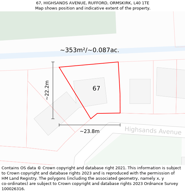 67, HIGHSANDS AVENUE, RUFFORD, ORMSKIRK, L40 1TE: Plot and title map