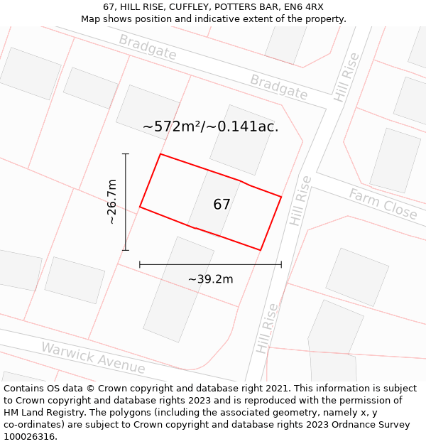 67, HILL RISE, CUFFLEY, POTTERS BAR, EN6 4RX: Plot and title map