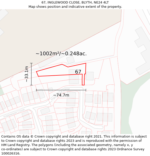 67, INGLEWOOD CLOSE, BLYTH, NE24 4LT: Plot and title map