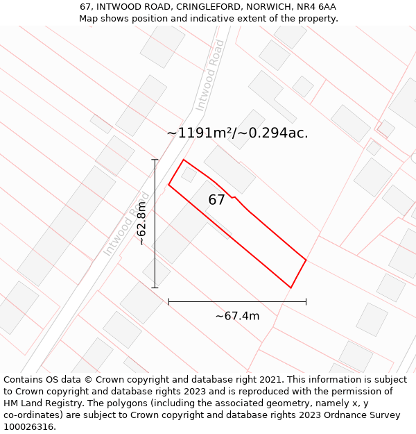 67, INTWOOD ROAD, CRINGLEFORD, NORWICH, NR4 6AA: Plot and title map