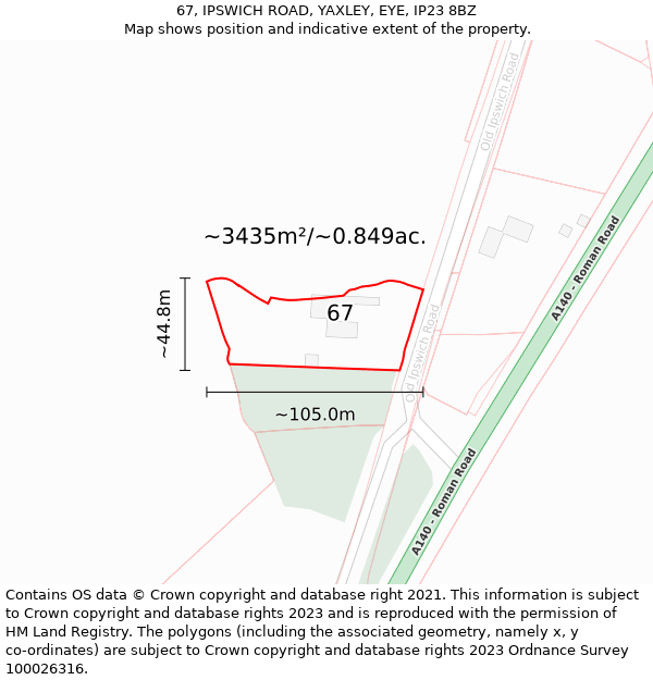 67, IPSWICH ROAD, YAXLEY, EYE, IP23 8BZ: Plot and title map