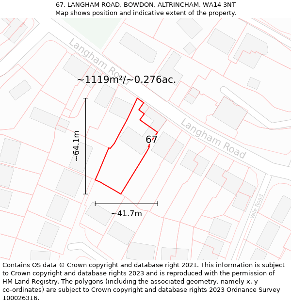 67, LANGHAM ROAD, BOWDON, ALTRINCHAM, WA14 3NT: Plot and title map