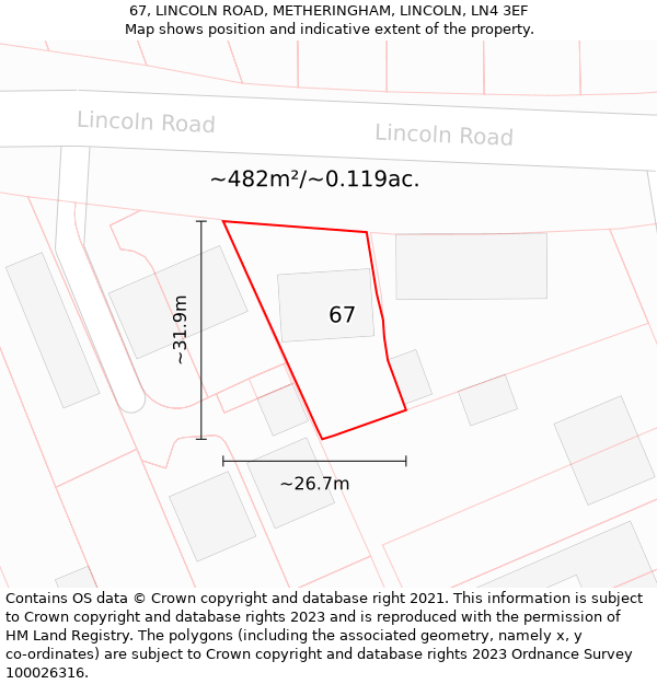 67, LINCOLN ROAD, METHERINGHAM, LINCOLN, LN4 3EF: Plot and title map