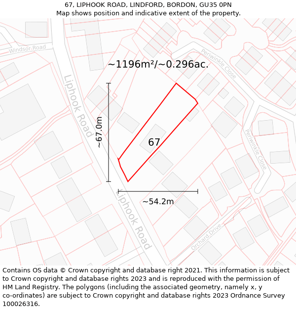 67, LIPHOOK ROAD, LINDFORD, BORDON, GU35 0PN: Plot and title map