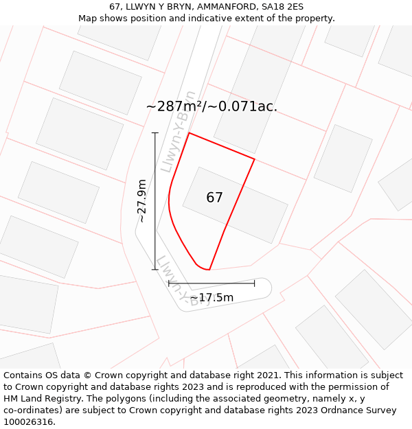 67, LLWYN Y BRYN, AMMANFORD, SA18 2ES: Plot and title map