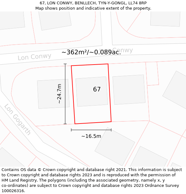 67, LON CONWY, BENLLECH, TYN-Y-GONGL, LL74 8RP: Plot and title map