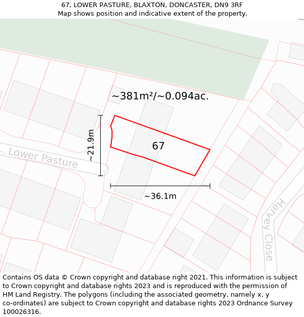 67, LOWER PASTURE, BLAXTON, DONCASTER, DN9 3RF: Plot and title map