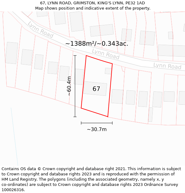 67, LYNN ROAD, GRIMSTON, KING'S LYNN, PE32 1AD: Plot and title map