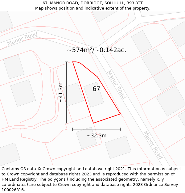 67, MANOR ROAD, DORRIDGE, SOLIHULL, B93 8TT: Plot and title map