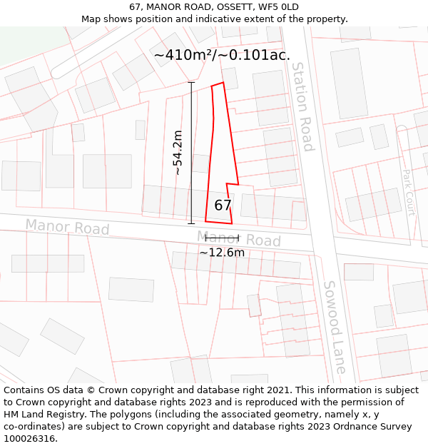 67, MANOR ROAD, OSSETT, WF5 0LD: Plot and title map