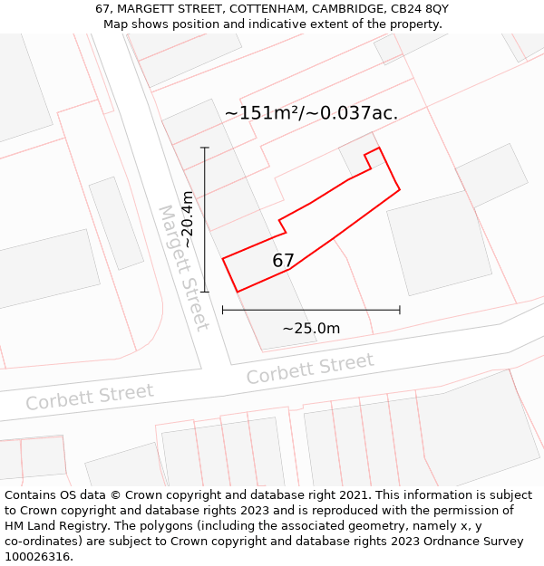 67, MARGETT STREET, COTTENHAM, CAMBRIDGE, CB24 8QY: Plot and title map