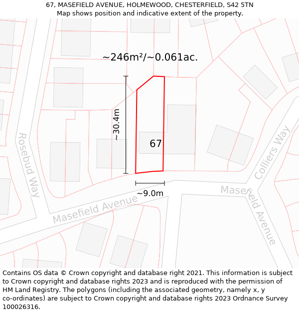 67, MASEFIELD AVENUE, HOLMEWOOD, CHESTERFIELD, S42 5TN: Plot and title map