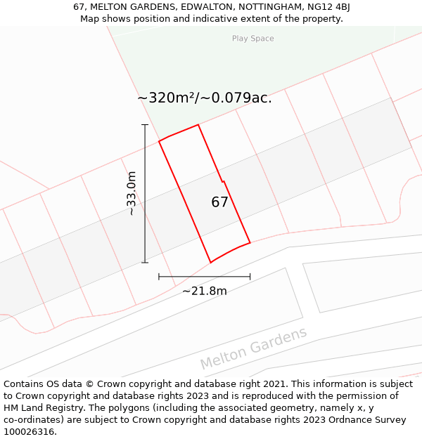 67, MELTON GARDENS, EDWALTON, NOTTINGHAM, NG12 4BJ: Plot and title map