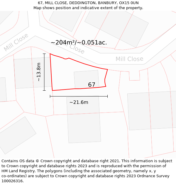 67, MILL CLOSE, DEDDINGTON, BANBURY, OX15 0UN: Plot and title map