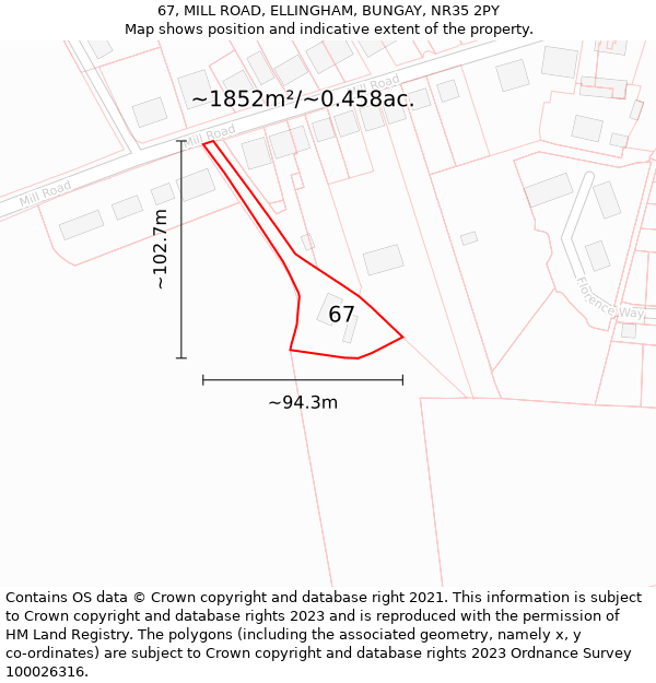 67, MILL ROAD, ELLINGHAM, BUNGAY, NR35 2PY: Plot and title map