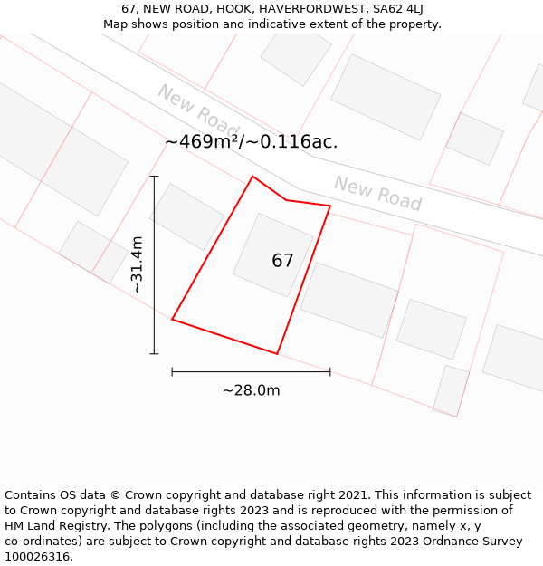 67, NEW ROAD, HOOK, HAVERFORDWEST, SA62 4LJ: Plot and title map